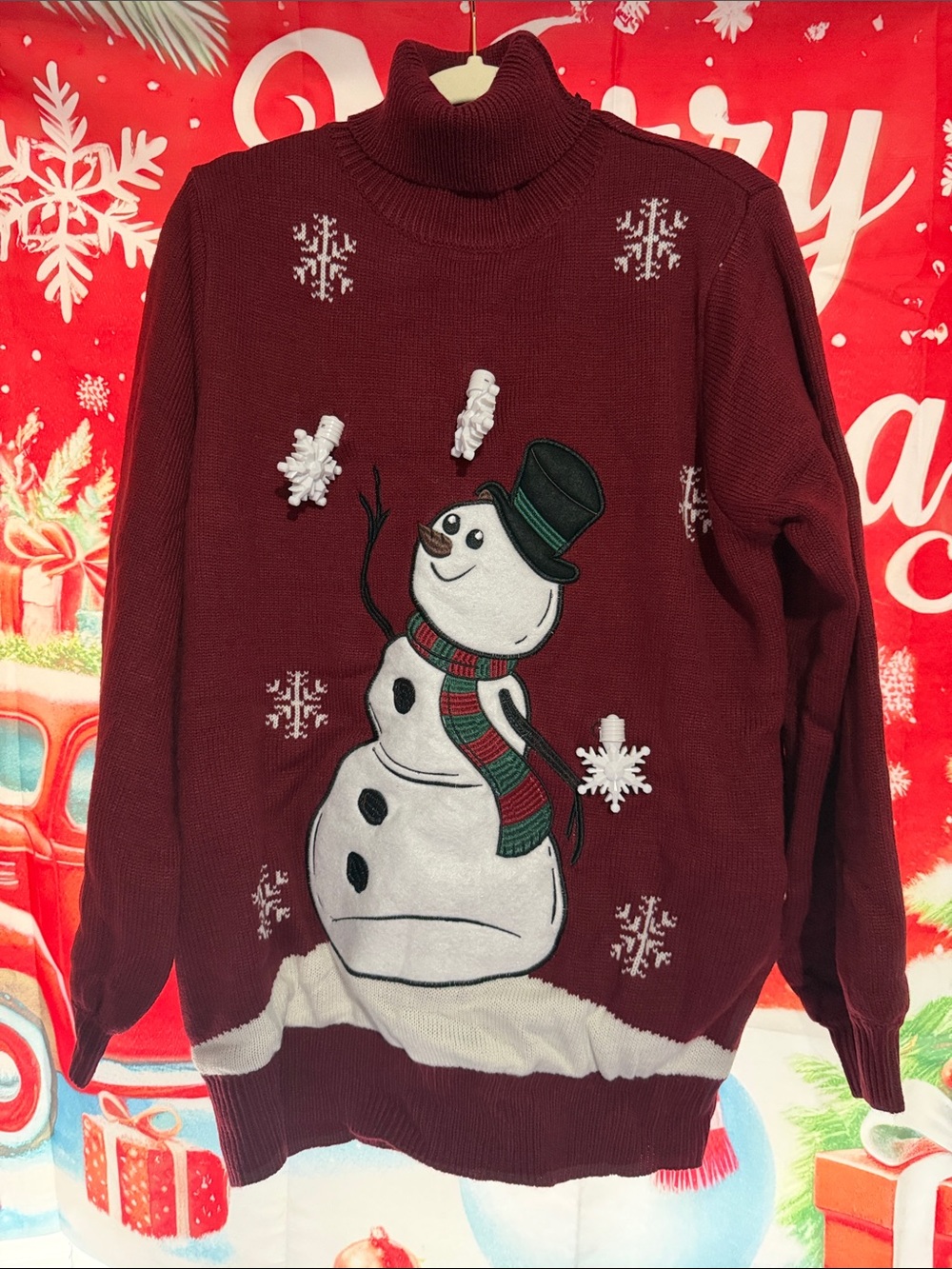 Women’s Light Up Burgundy Snowman Turtleneck Holiday Sweater